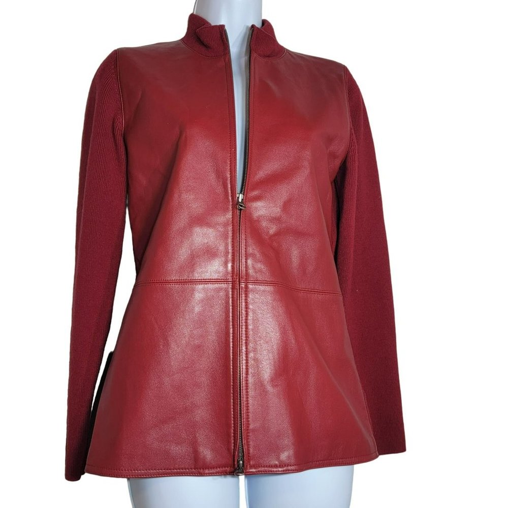 Birch Hill Jacket, Women's S, Red Leather Front & Merino Wool Sleeves/Back, EUC